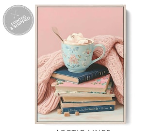 Gemütliche Kaffee Wand Kunst Druck, Bücher und Decke Illustration, Pastell Leseecke Art, Cottagecore Dekor