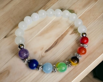 7 Chakra Gemstone Bracelet: White Jade, Amethyst, Lapis