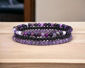 Amethyst & Onyx Mini Gemstone Bracelet: Anxiety Relief Crystal Healing
