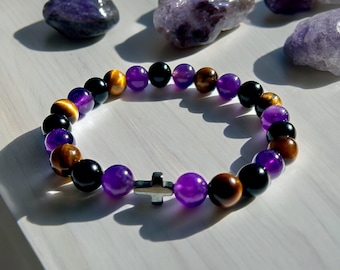 Triple Protection Gemstone Bracelet: Amethyst, Tiger Eye, Obsidian with Hematite Cross