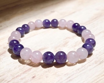Rose Quartz and Amethyst Bracelet: “Peace and Love” Healing Crystal Gemstone Jewelry