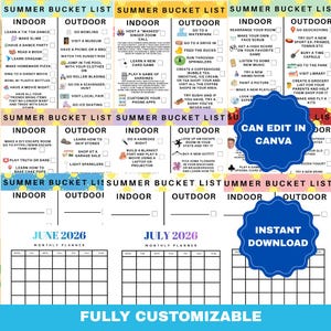 May include: A printable summer bucket list with indoor and outdoor activities, plus monthly planners for June and July 2026. Includes options like learning a dance, visiting a museum, and trying sushi. Features a 'Can Edit in Canva' and 'Instant Download' graphic.