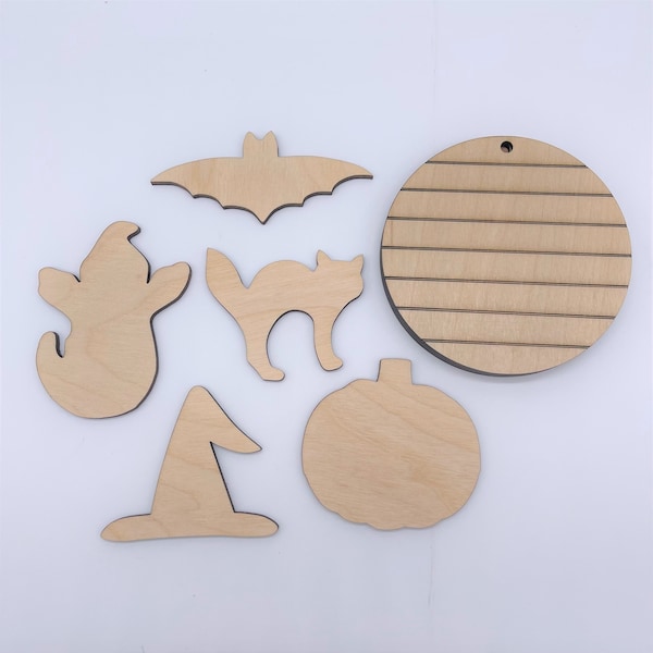 DIY Halloween Ornament Kits, Holiday Wood Blanks, Ghost Pumpkin Cat Bat and Witch's Hat, Laser Cut Wood Shapes, Craft Supply, Made in USA