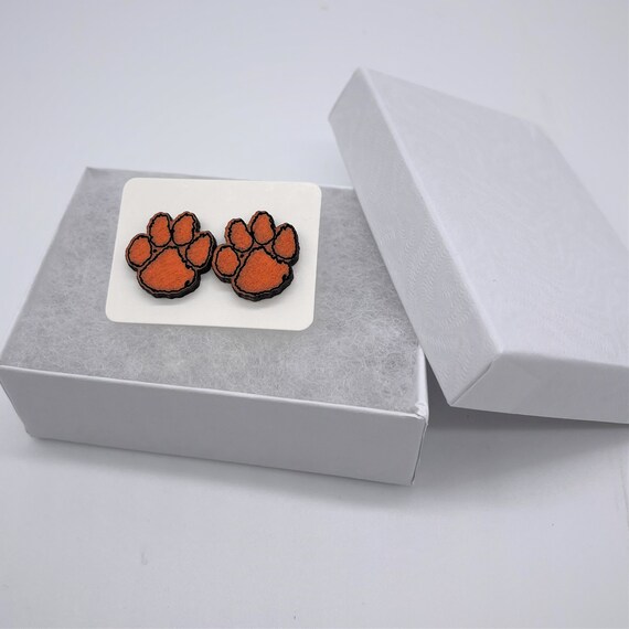 Clemson Tiger Paw Stud Earrings, Wood Lightweight Earrings, Laser Cut Art, Wooden Jewelry, College Earrings, Licensed,  Handmade in USA