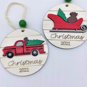Red Truck or Santa&#39;s Sleigh Christmas Ornament, 2022, Wood Bauble, Laser Cut Art, Farmhouse Holiday Shiplap Ornament, Personalization Option