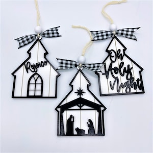 Christmas Ornaments. Church Theme,  Wood Bauble, Laser Cut Art, Farmhouse Holiday Decoration, Religious Theme, Black and White