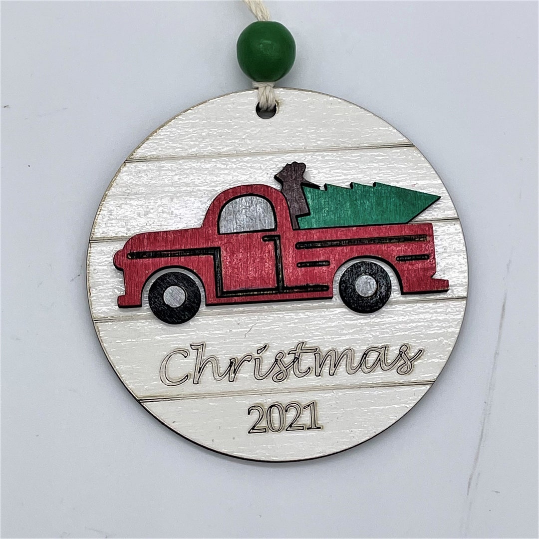 Red Truck Christmas Ornament, 2022, Wood Bauble, Laser Cut Art