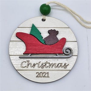 Santa&#39;s Sleigh Christmas Ornament, 2022, Wood Bauble, Laser Cut Art, Farmhouse Holiday Decoration, Shiplap Ornament, Personalization Option