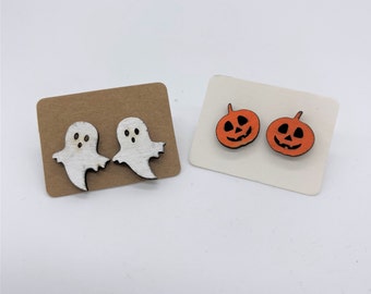 Halloween Stud Earrings, Ghosts and Jack-O-Lantern, Wood Lightweight Earrings, Laser Cut Art, Wooden Jewelry, Fall Earrings, Handmade in USA