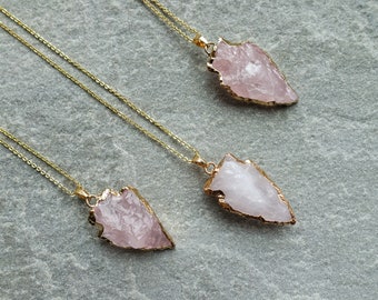Crystal Gold Plated Long Chain Necklace Rose Quartz Pendant Natural Stone 
