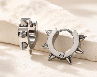 Spike Huggie Hoop Earrings, Edgy Stainless Steel Mini Hoops, Punk Goth Studded Earrings