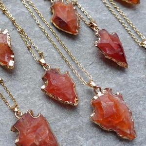 Raw Carnelian Arrow Necklace, Natural Gemstone  Arrowhead Pendant, Real 18K gold Plated, UK shop