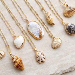 May include: A collection of gold-toned necklaces featuring various natural seashell pendants. Each pendant is uniquely shaped, including spiral, fan, and oval forms with textures ranging from smooth white to brown patterns and iridescent finishes.