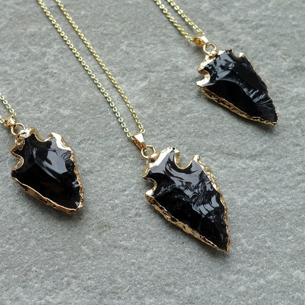 Raw Black Obsidian Arrowhead Necklace, Natural Gemstone Pendant, Real 18K gold Plated, UK shop