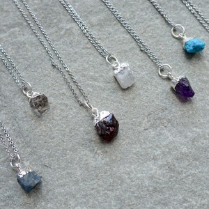 Raw Birthstone Crystal Necklace, Natural Gemstone Freeform Pendant, Real Platinum Plated, UK shop