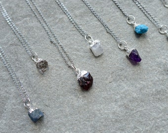 Raw Birthstone Crystal Necklace, Natural Gemstone Freeform Pendant, Real Platinum Plated, UK shop