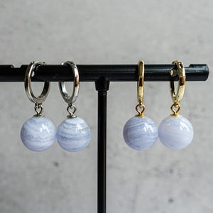 Natural Blue Lace Agate Drop Earring, 14Ct Gold or Platinum Plated Hoops, Handmade Dangle Earrings