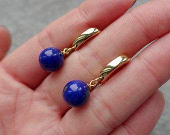 Lapis Lazuli Drop Earring, 18K Gold Plated English Lock Earrings, Handmade Drop Earrings