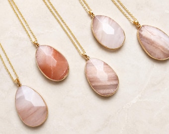 Peach Aventurine Crystal Necklace, Faceted Natural Oval Gemstone Pendant