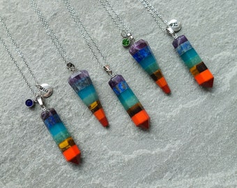 7 Color Chakra Point or Pendulum Necklace, Personalised Initials & Birthstone Pendant, Stone Wand, Initial Gift, UK Shop