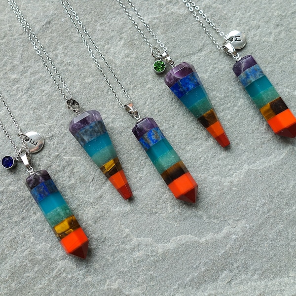 7 Color Chakra Point or Pendulum Necklace, Personalised Initials & Birthstone Pendant, Stone Wand, Initial Gift, UK Shop
