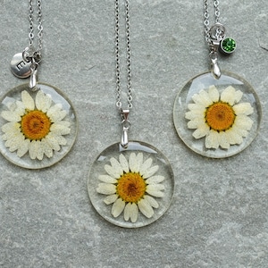 Dried Daisy Flower Resin Necklace, Initials & Birthstone Pendant, Real Pressed Flower Round Pendant, UK Shop