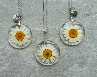 Dried Daisy Flower Resin Necklace, Initials & Birthstone Pendant, Real Pressed Flower Round Pendant, UK Shop