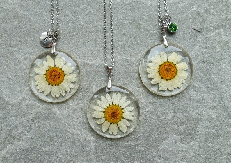 Dried Daisy Flower Resin Necklace, Initials & Birthstone Pendant, Real Pressed Flower Round Pendant, UK Shop image 1
