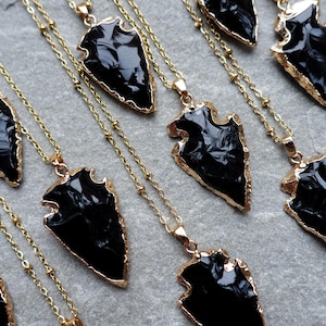 Raw Black Obsidian Arrowhead Necklace, Natural Gemstone Pendant, Real 18K gold Plated, UK shop