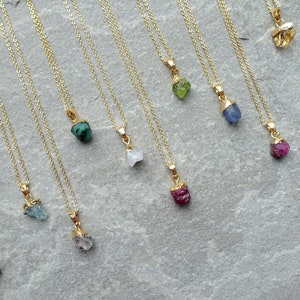 Raw Petite Birthstone Crystal Necklace, Natural Gemstone Freeform Pendant, Real 18K gold Plated, UK shop