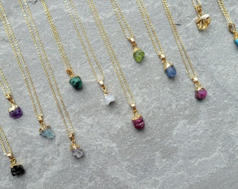 Raw Petite Birthstone Crystal Necklace, Natural Gemstone Freeform Pendant, Real 18K gold Plated, UK shop