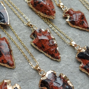 20% Sale Raw Mahogany Obsidian Arrow Necklace, Natural Gemstone Arrowhead Pendant, Real 18K gold Plated, UK shop
