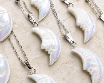 Carved Face Crescent Moon Shell Necklace, Natural Mother of Pearl Pendant
