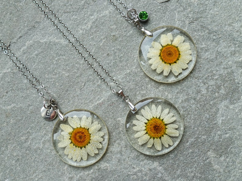 Dried Daisy Flower Resin Necklace, Initials & Birthstone Pendant, Real Pressed Flower Round Pendant, UK Shop image 4