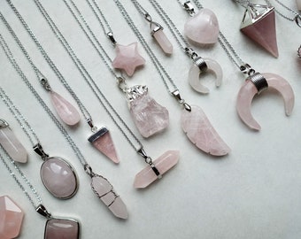 Natural Rose Quartz Necklace, Crystal Geometric Gemstone Pendant, Platinum Plated, UK shop