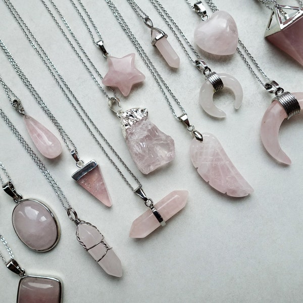 Natural Rose Quartz Necklace, Crystal Geometric Gemstone Pendant, Platinum Plated, UK shop