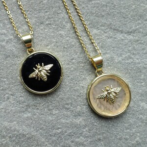 Gemstone Bee Necklace, Natural Gemstone Crystal 18mm Coin Pendant, Real 18K gold Plated, UK shop