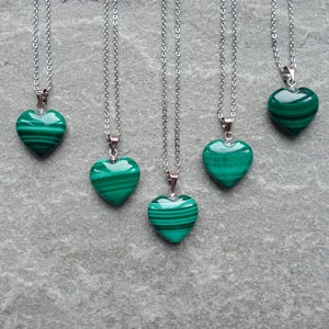 Small Natural Malachite Gemstones Heart Necklace, Dainty Crystal Pendant,  Real Platinum Plated, UK shop