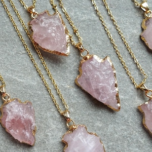 Raw Rose Quartz Arrow Necklace, Natural Crystal Gemstone Arrowhead Pendant, Real 18K gold Plated, UK shop