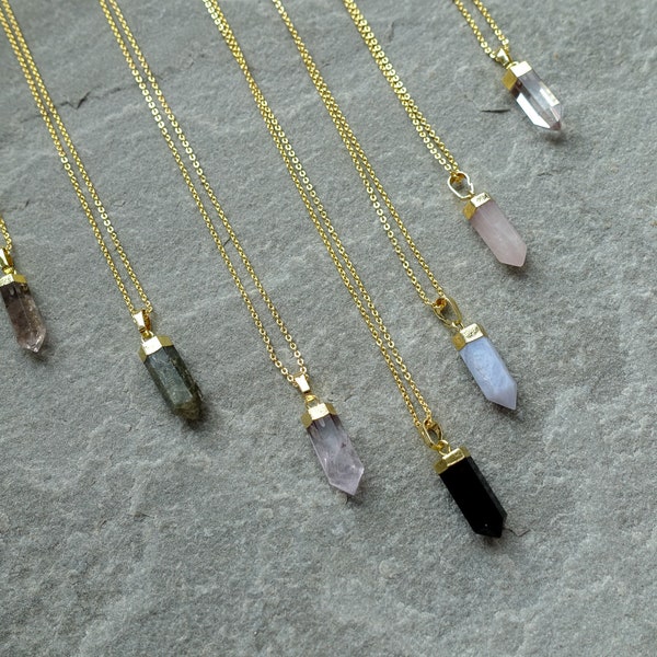 20mm Petite Crystal Point Necklace, Natural Gemstone Crystal Pendant, 18ct gold plated, UK shop