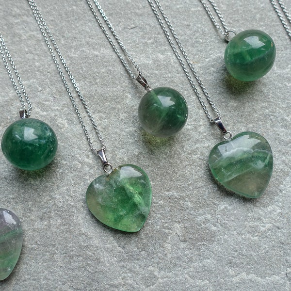 Green Fluorite Heart & Ball Crystal Necklace, Natural Gemstone Pendant, Real Platinum Plated, UK shop