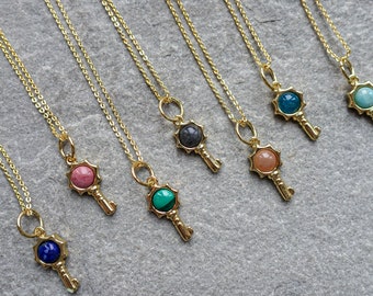 30% Sale Petite Gemstone Key Necklace, Dainty Pendant, Real 18K gold Plated, UK shop