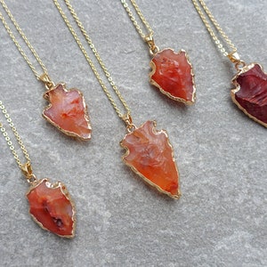 Raw Carnelian Arrow Necklace, Natural Gemstone  Arrowhead Pendant, Real 18K gold Plated, UK shop