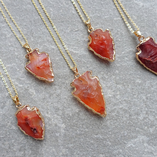 Raw Carnelian Arrow Necklace, Natural Gemstone  Arrowhead Pendant, Real 18K gold Plated, UK shop