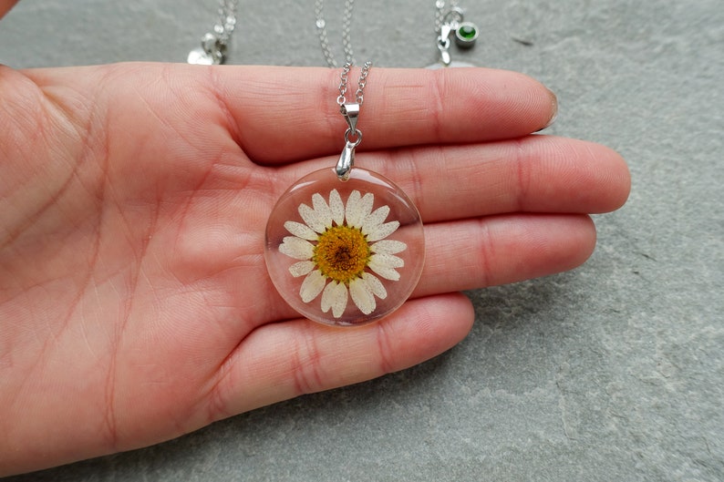 Dried Daisy Flower Resin Necklace, Initials & Birthstone Pendant, Real Pressed Flower Round Pendant, UK Shop image 3