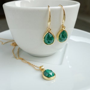 Genuine Malachite Earrings & Necklace Set, Faceted Dainty Pendant, Natural Gemstone Crystal, Real 18K gold Plated, UK shop