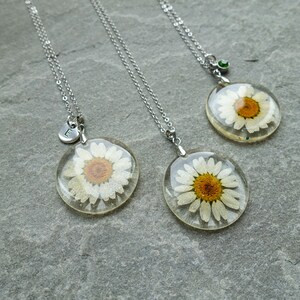 Dried Daisy Flower Resin Necklace, Initials & Birthstone Pendant, Real Pressed Flower Round Pendant, UK Shop image 2