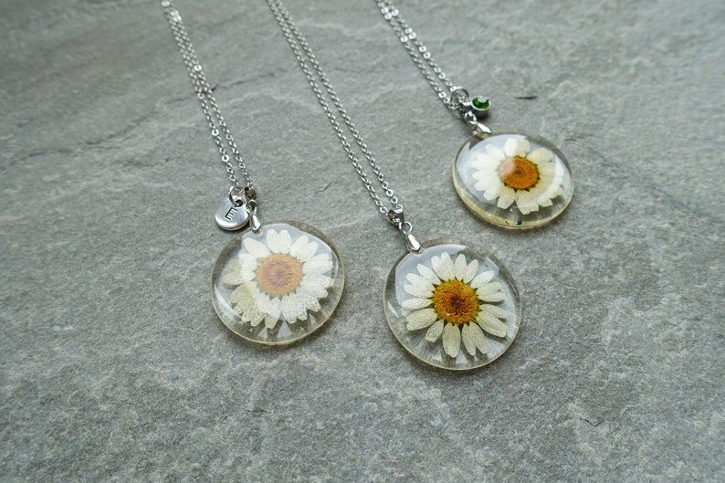 Dried Daisy Flower Resin Necklace, Initials & Birthstone Pendant, Real Pressed Flower Round Pendant, UK Shop image 2