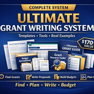 Può includere: Un pacchetto di prodotti digitali intitolato Ultimate Grant Writing System con branding blu e oro. Include un modello di proposta di sovvenzione, un foglio di calcolo del budget, una guida alle sovvenzioni e un toolkit per la ricerca di sovvenzioni.