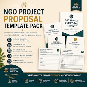 Può includere: Un pacchetto di modelli di proposte di progetti di ONG con vari modelli ed esempi. Include modelli modificabili, esempi di proposte, modelli di budget, note di revisione e strumenti di pianificazione. Progettato per aiutare a scrivere sovvenzioni più solide.
